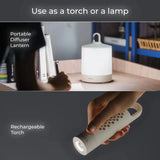 Portable diffuser lantern used as a torch or lamp with text indicating dual functionality.