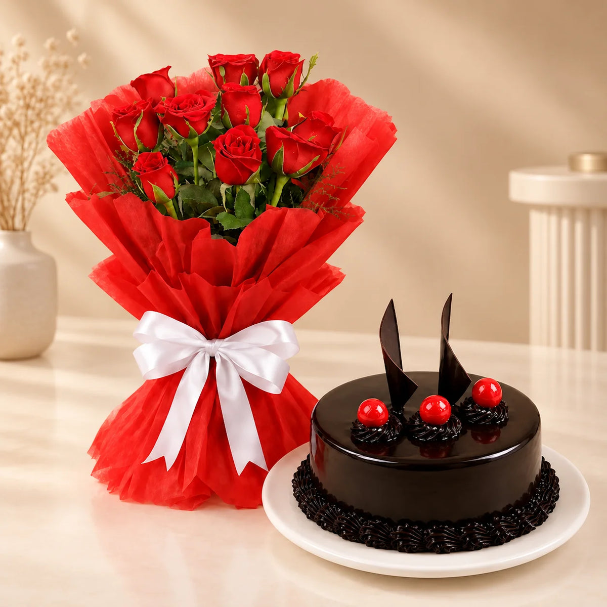 Beautiful Red Rose Hamper with Chocolate Cake