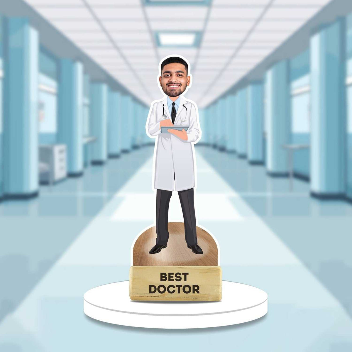 Best Doctor Caricature - Personalized Gift | Doctor Showpiece featuring a smiling male doctor in a white coat holding a clipboard, set in a hospital hallway. Ideal for home decor or gifting medical professionals.