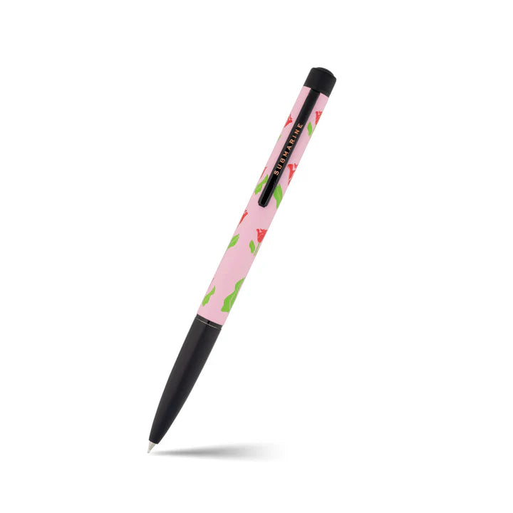 Pen with a pink floral pattern on a white background