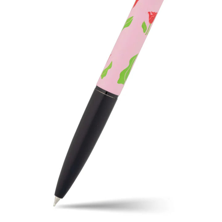 Pen with a pink floral design on a white background