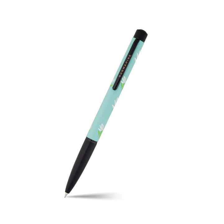 Pen with a light blue barrel and black accents on a white background