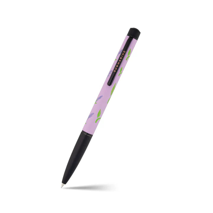 Pen with a purple and black design on a white background
