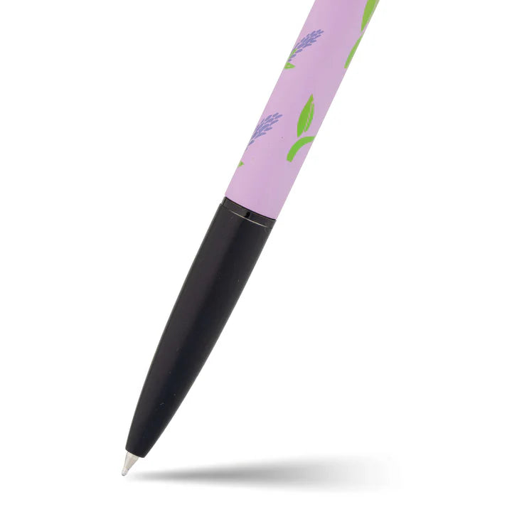 Pen with a purple barrel featuring green leaves and flowers on a white background