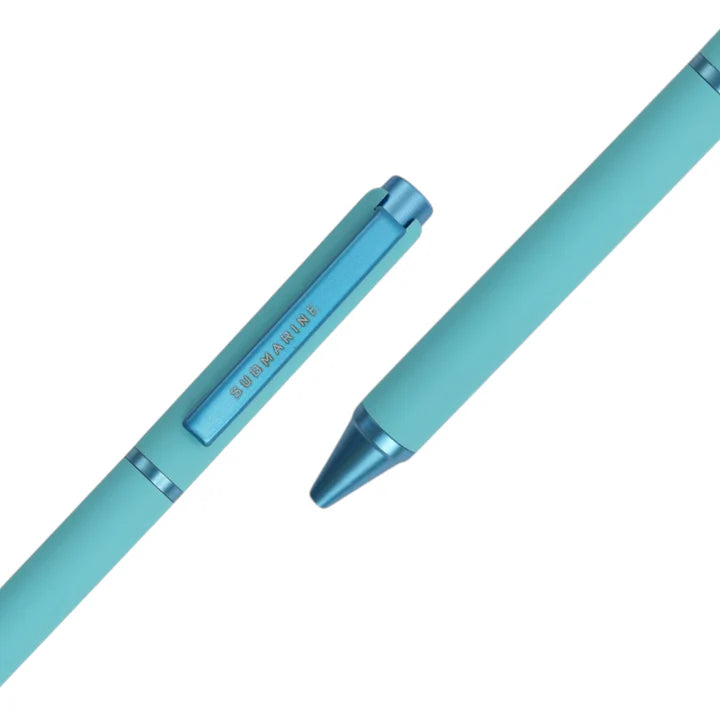 Two turquoise pens with metallic accents on a white background