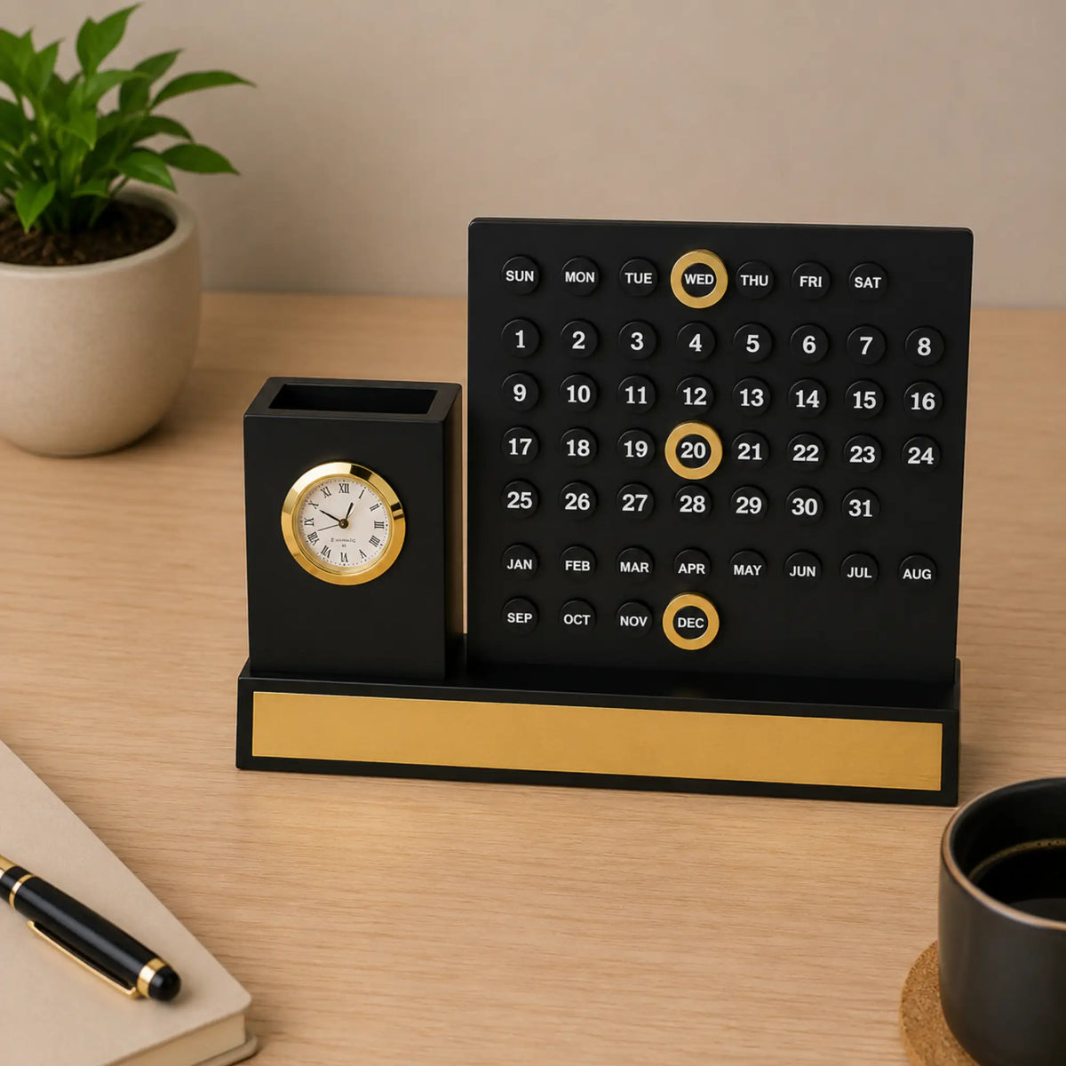 Wooden Pen Stand with Clock & Calendar