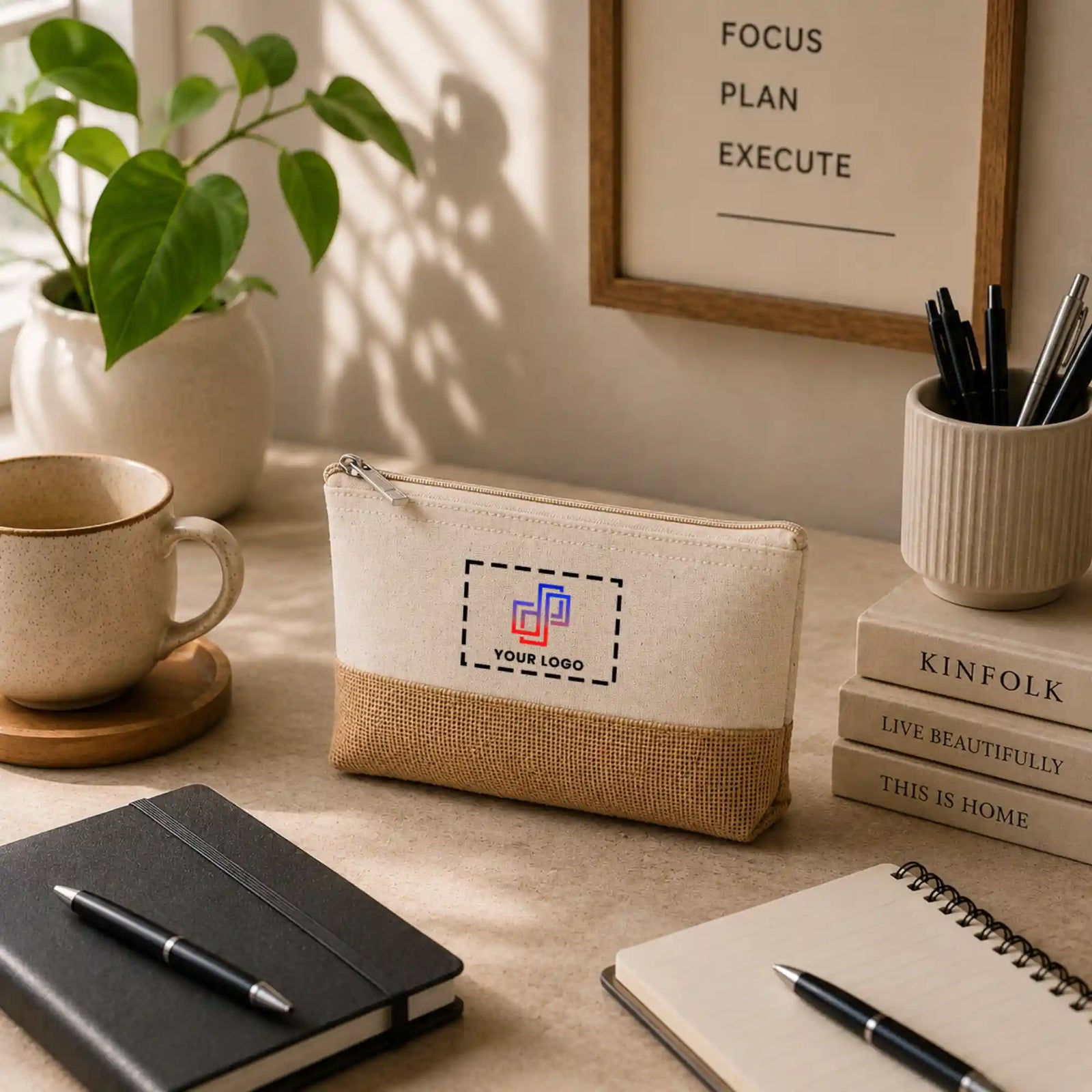 Dual-Tone Jute Zipper Pouch