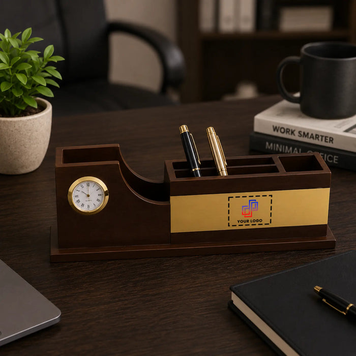 Wooden Pen Stand with Analog Clock