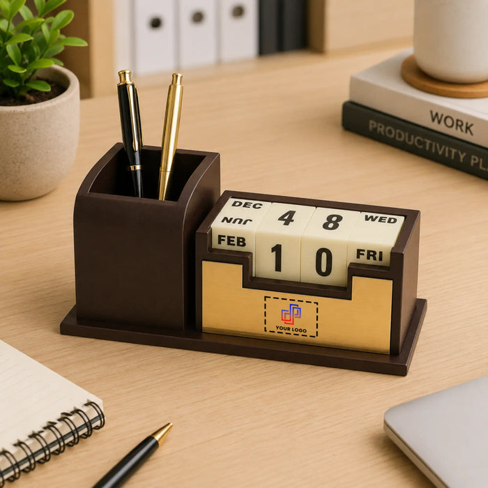 Wooden Pen Stand with Perpetual Calendar
