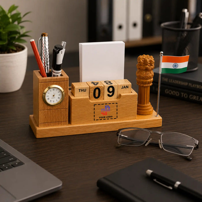 Wooden Calendar and Clock Pen Stand
