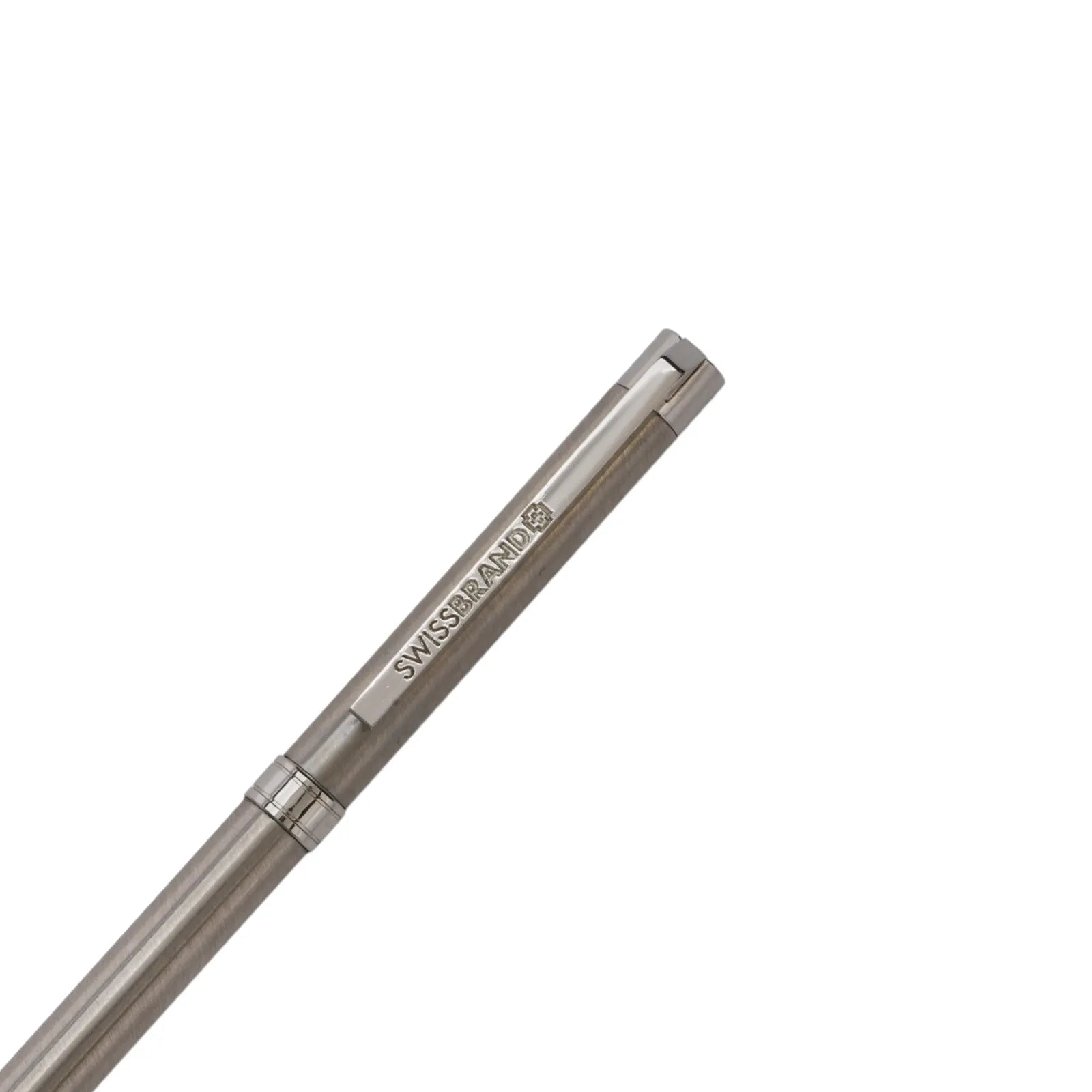 Metallic pen with 'Swiss Army' branding on a white background