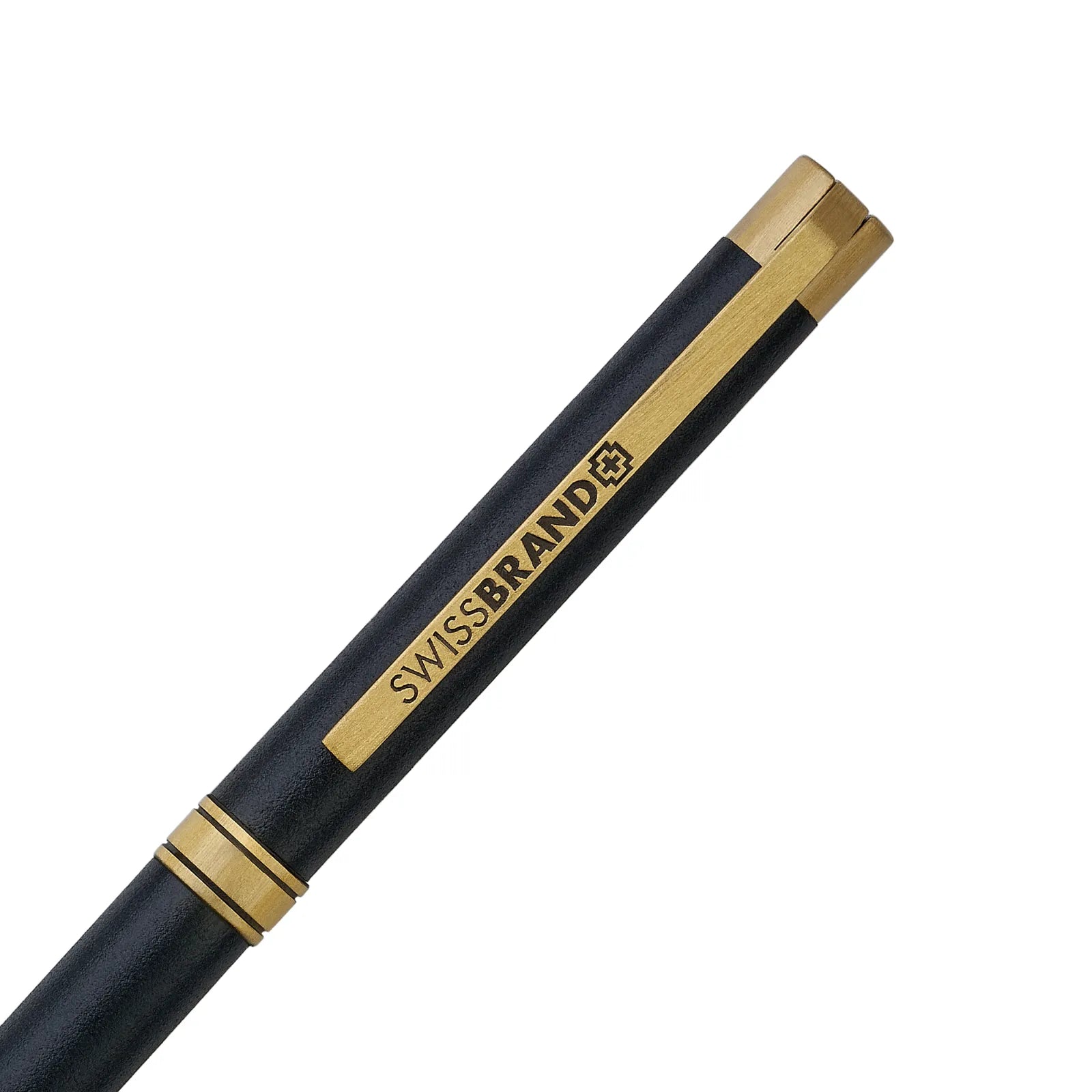 Black pen with gold accents and 'Swissbrand' logo on a white background