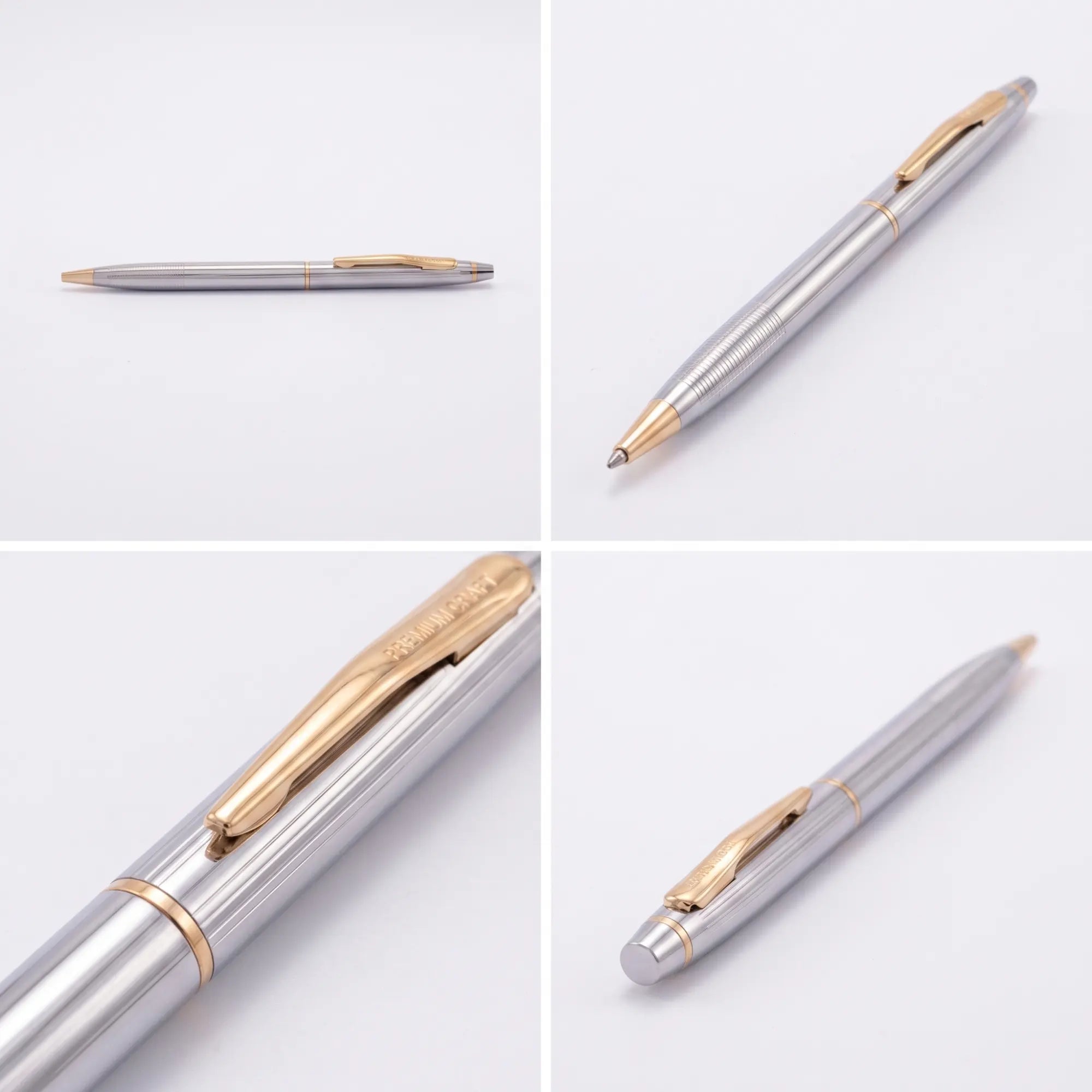 Silver pen with gold accents on a white background