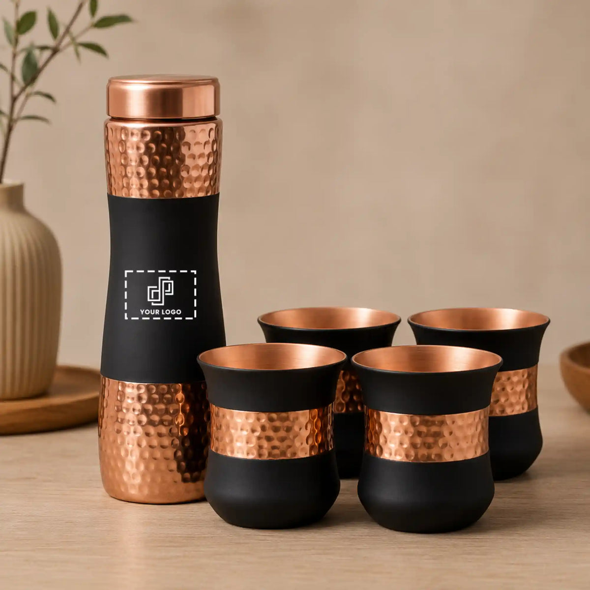Curved Copper Bottle with 4 Damru-Shaped Glasses Gift Set