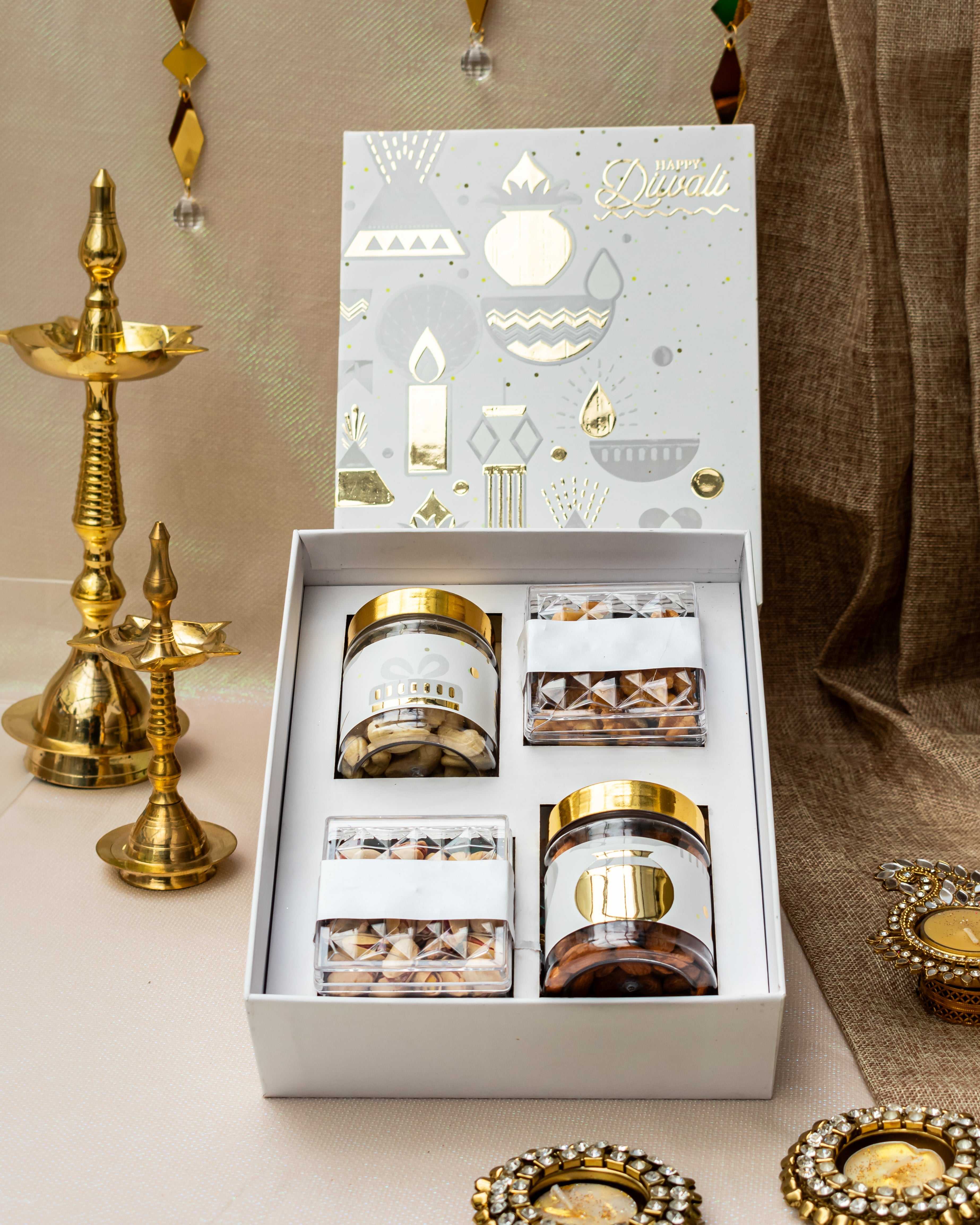 Elegant Diwali Dry Fruit Hamper featuring premium roasted almonds and buttery cashews in festive packaging