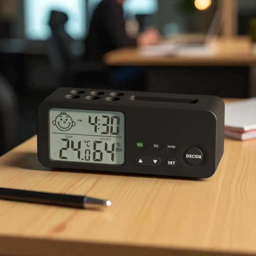 Black digital clock with temperature and humidity display on a wooden surface