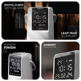 Digital clock with alarm features on a reflective surface