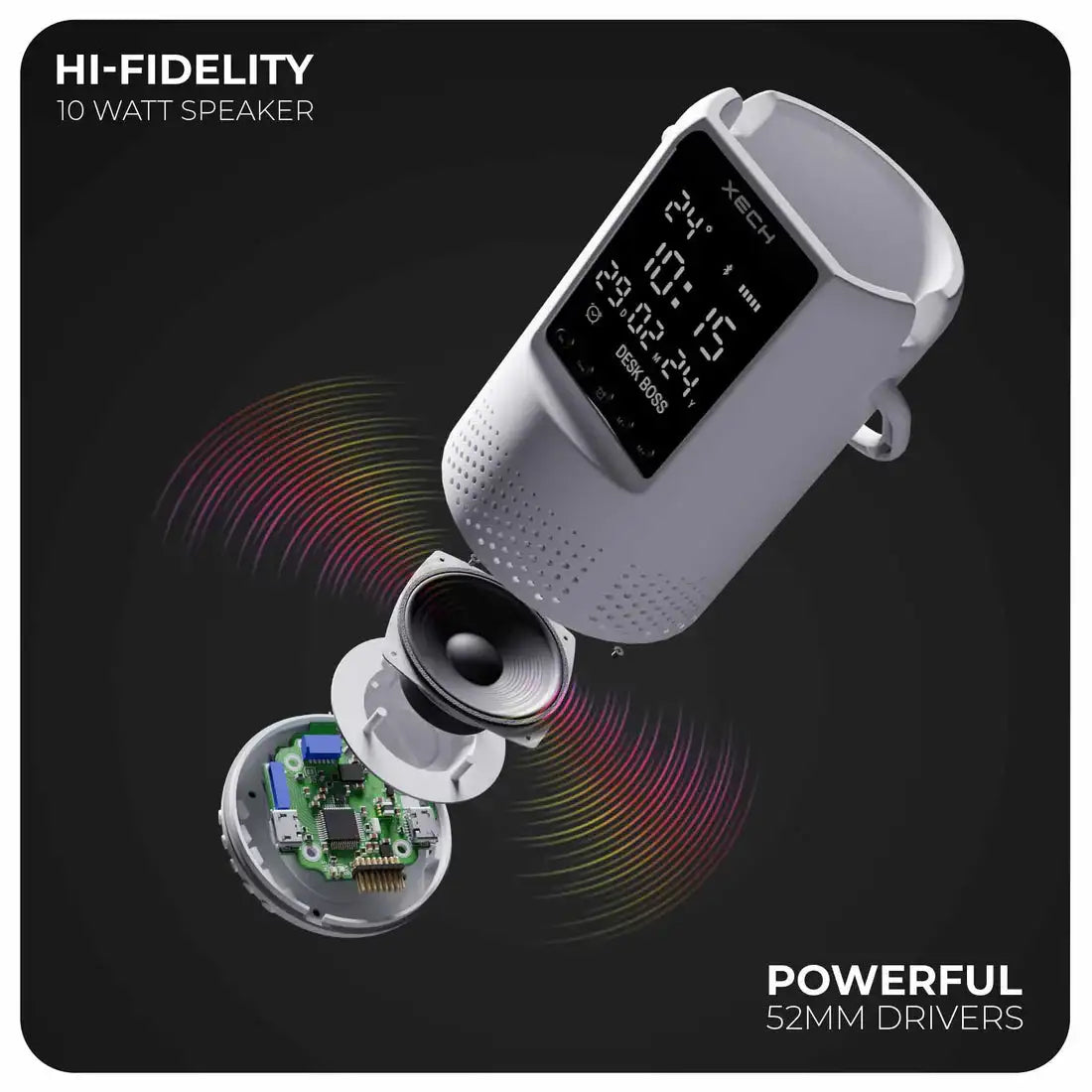 Hi-fidelity speaker with digital display and visible components on a black background