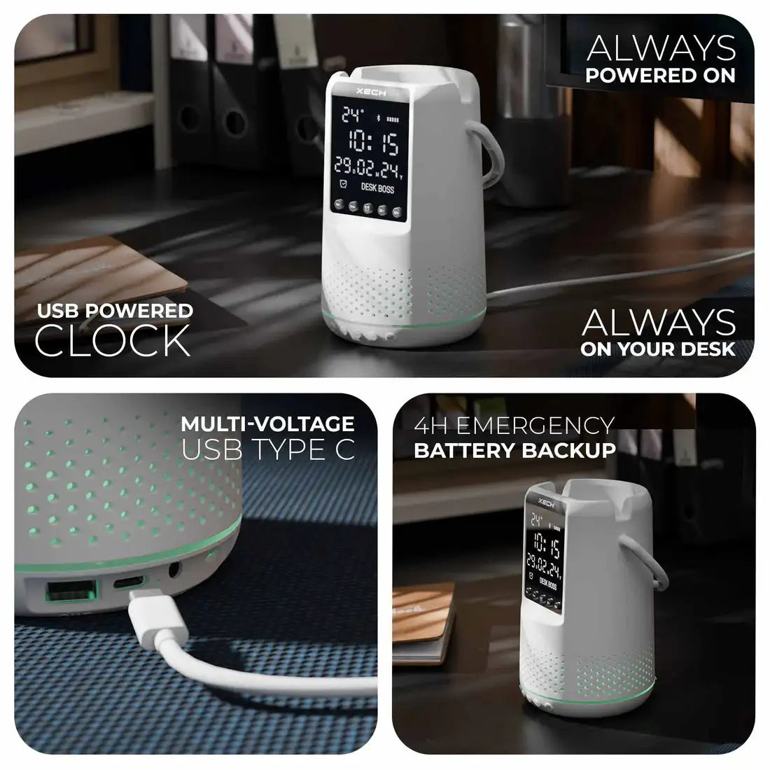 USB-powered clock with emergency battery backup on a desk