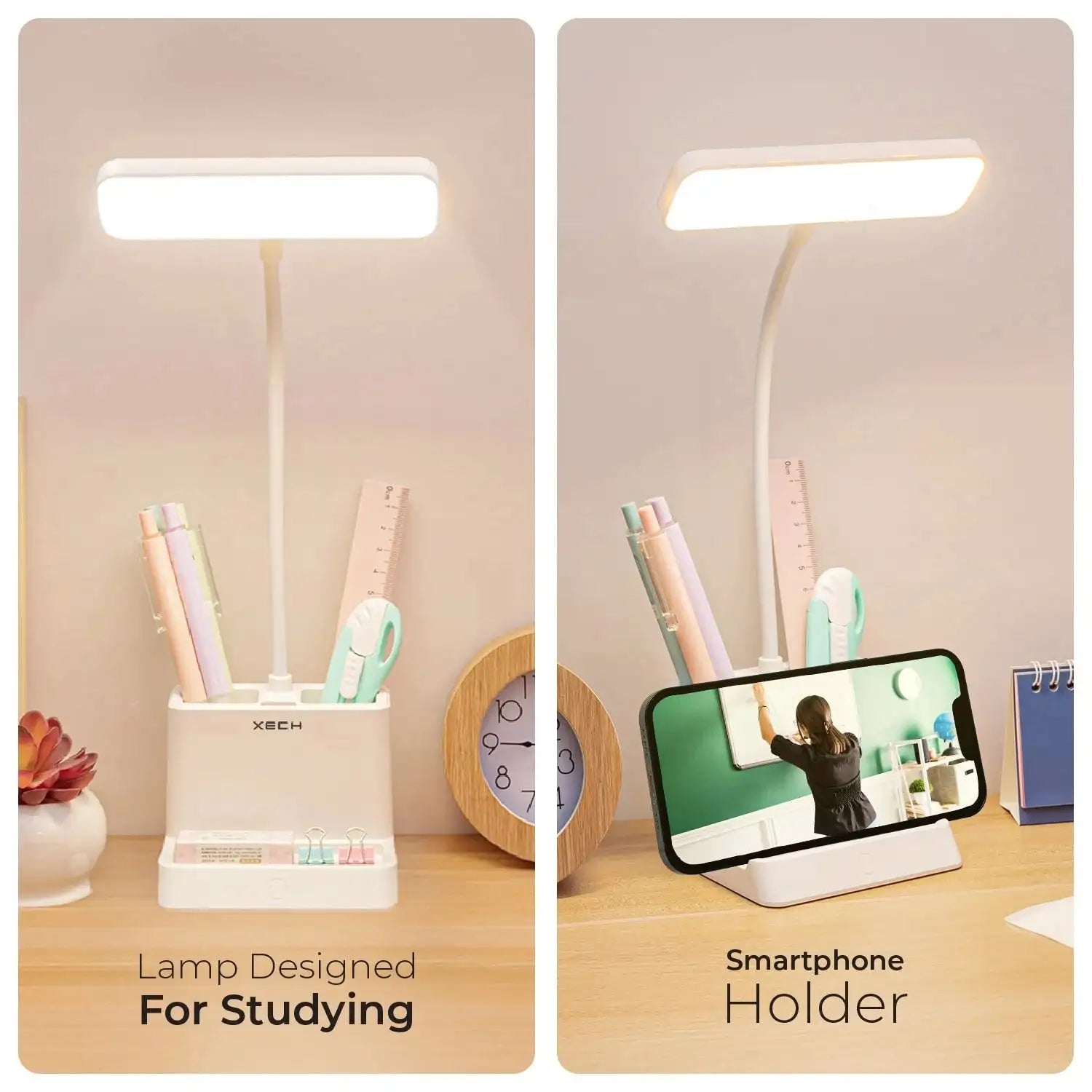 Desk lamp with smartphone holder on a wooden surface, featuring stationery items.