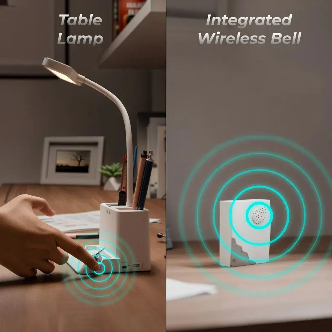 Table lamp with integrated wireless bell on a desk.