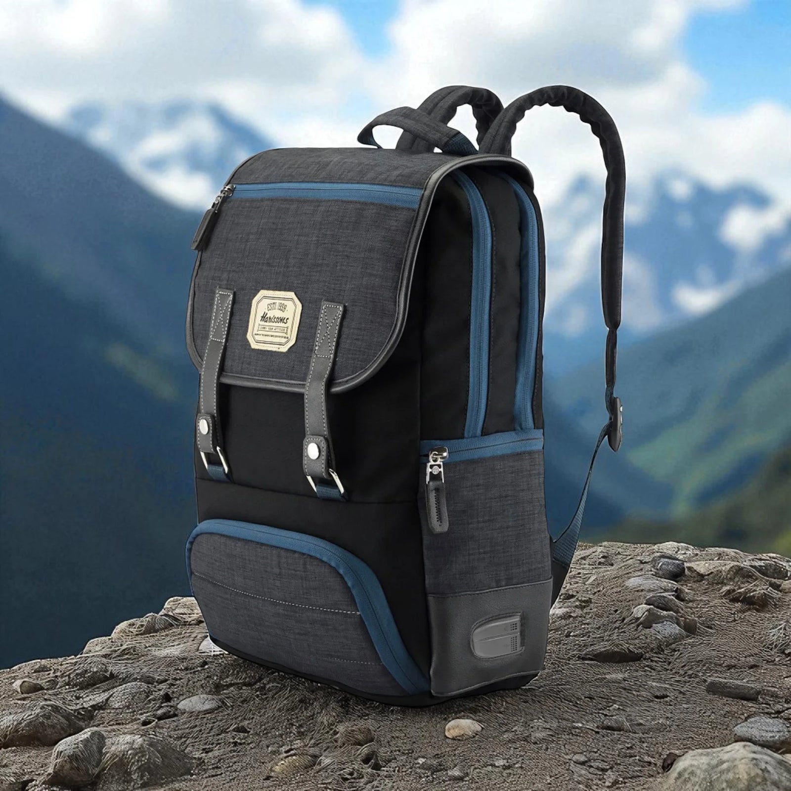 Dexter Backpack durable bag from the Vintage Series with 25L capacity and 2 compartments, shown on a mountain trail, ideal for travel or work.