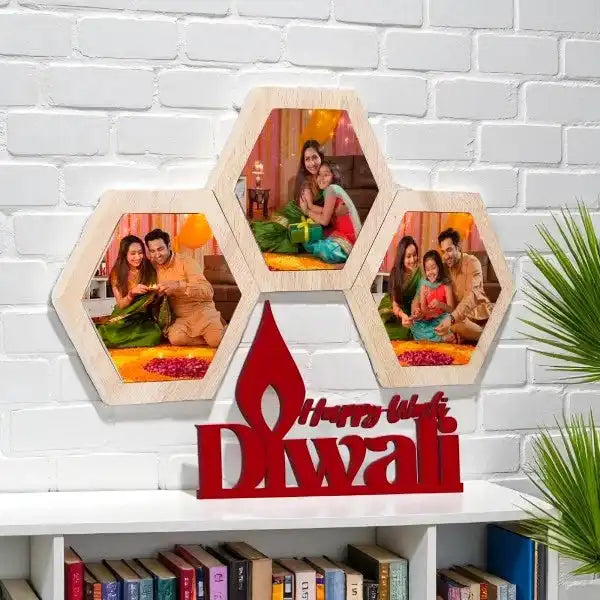 Sleek acrylic Diwali Photo Frame featuring vibrant Diwali decorations and warm lighting.