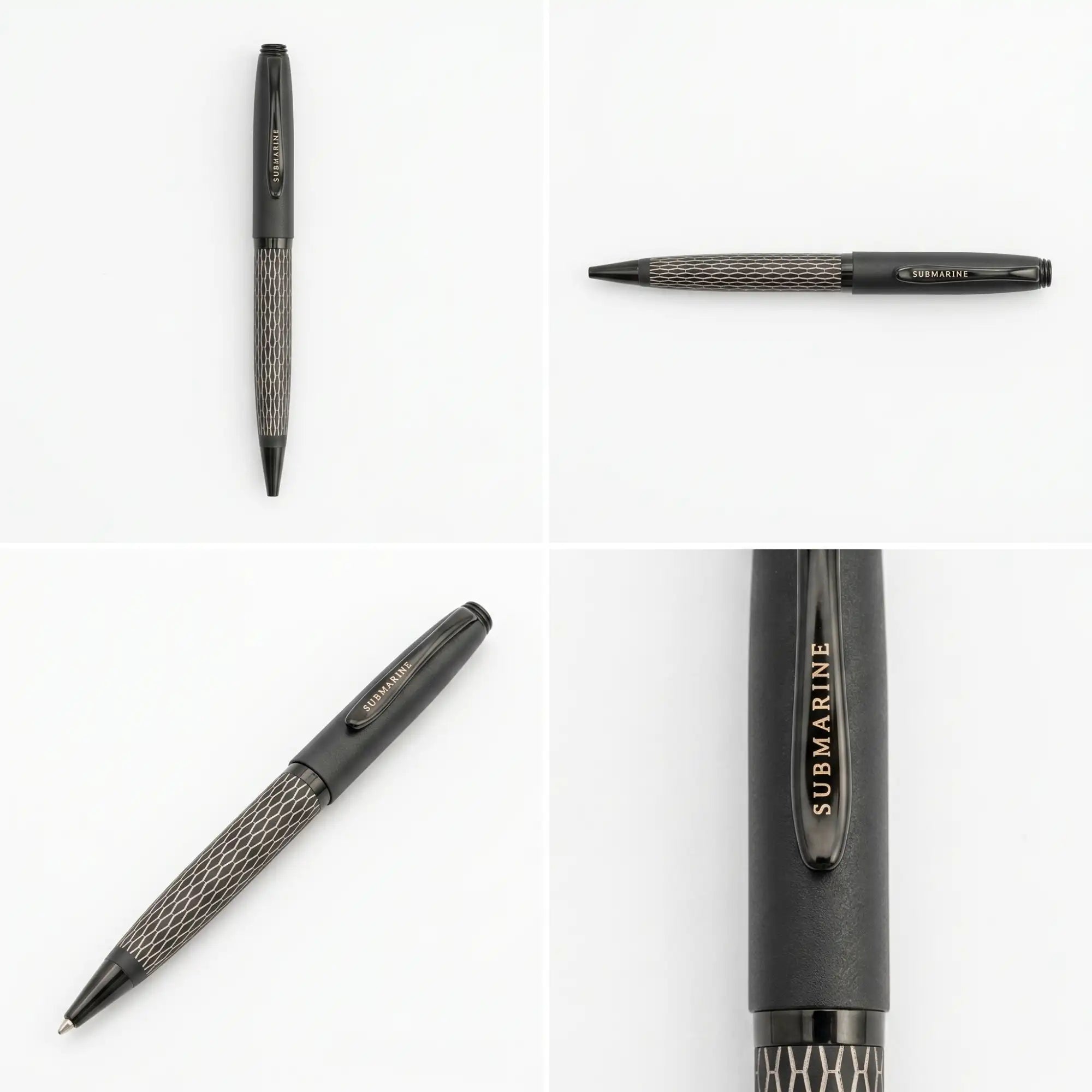 A direct, front-on vertical view of the capped pen, standing perfectly upright. The full length is visible, showing the smooth black cap and the detailed, patterned barrel.