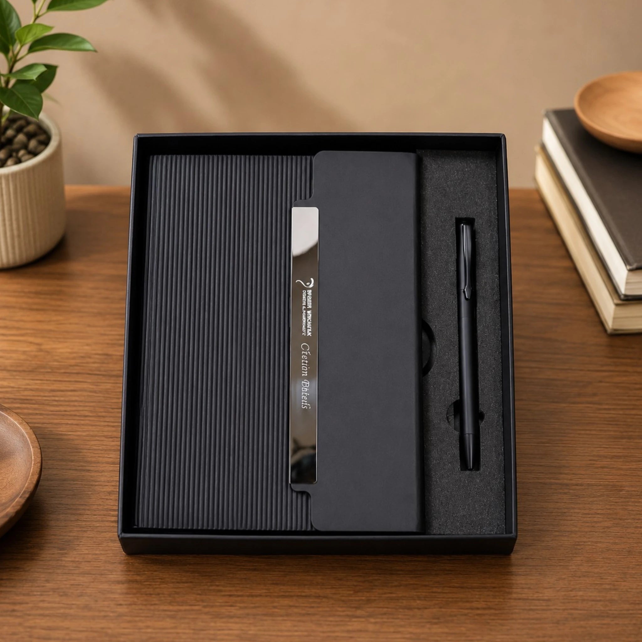 Black pen and notebook set in a box on a wooden surface with a plant and books in the background.