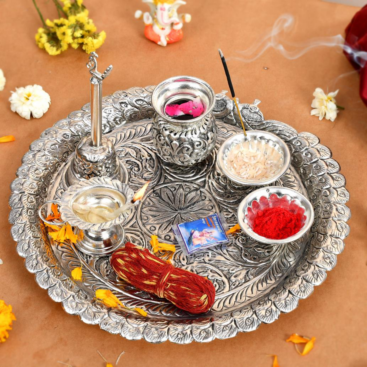 OXIDIZED SILVER 
PLATED PURE BRASS 
POOJA THALI SET