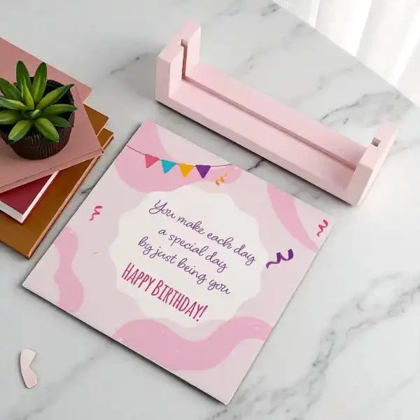 Disassembled Birthday Sandwich Frame showing message panel and pink stand, customizable photo frame for birthday gifting and home decor.