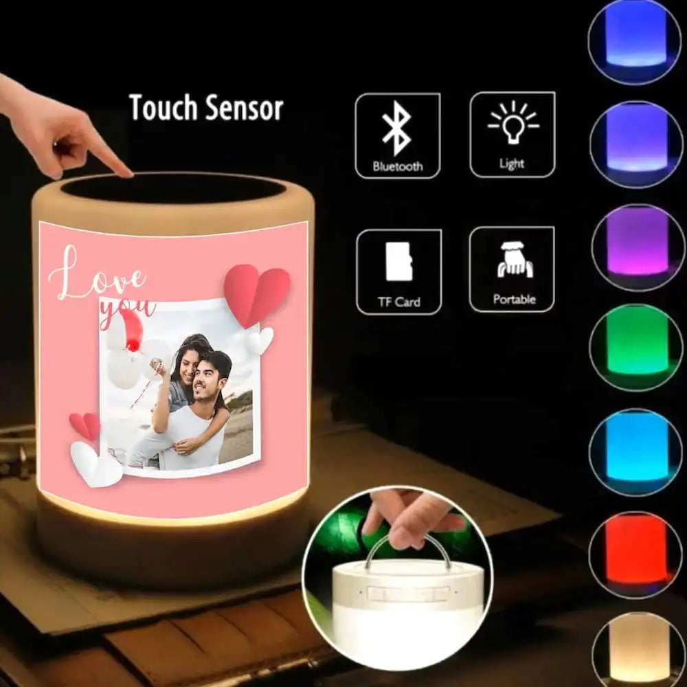Love You Bluetooth Speaker with touch sensor and color-changing LED light, featuring personalized photo and multifunction icons.