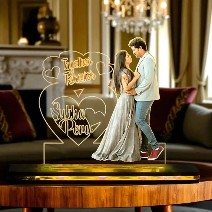 Together Forever Lamp - Personalized Couple Lamp with 3D LED Effect featuring custom names and romantic photo, ideal for anniversary or wedding gifts.