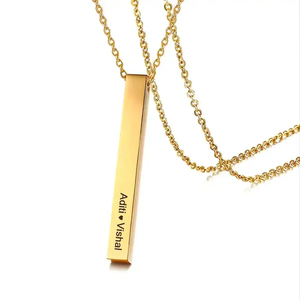 Personalized Gold Bar Pendant Necklace featuring engraved names 'Aditi ♥ Vishal', a stylish alloy charm for special occasions and romantic gifts.