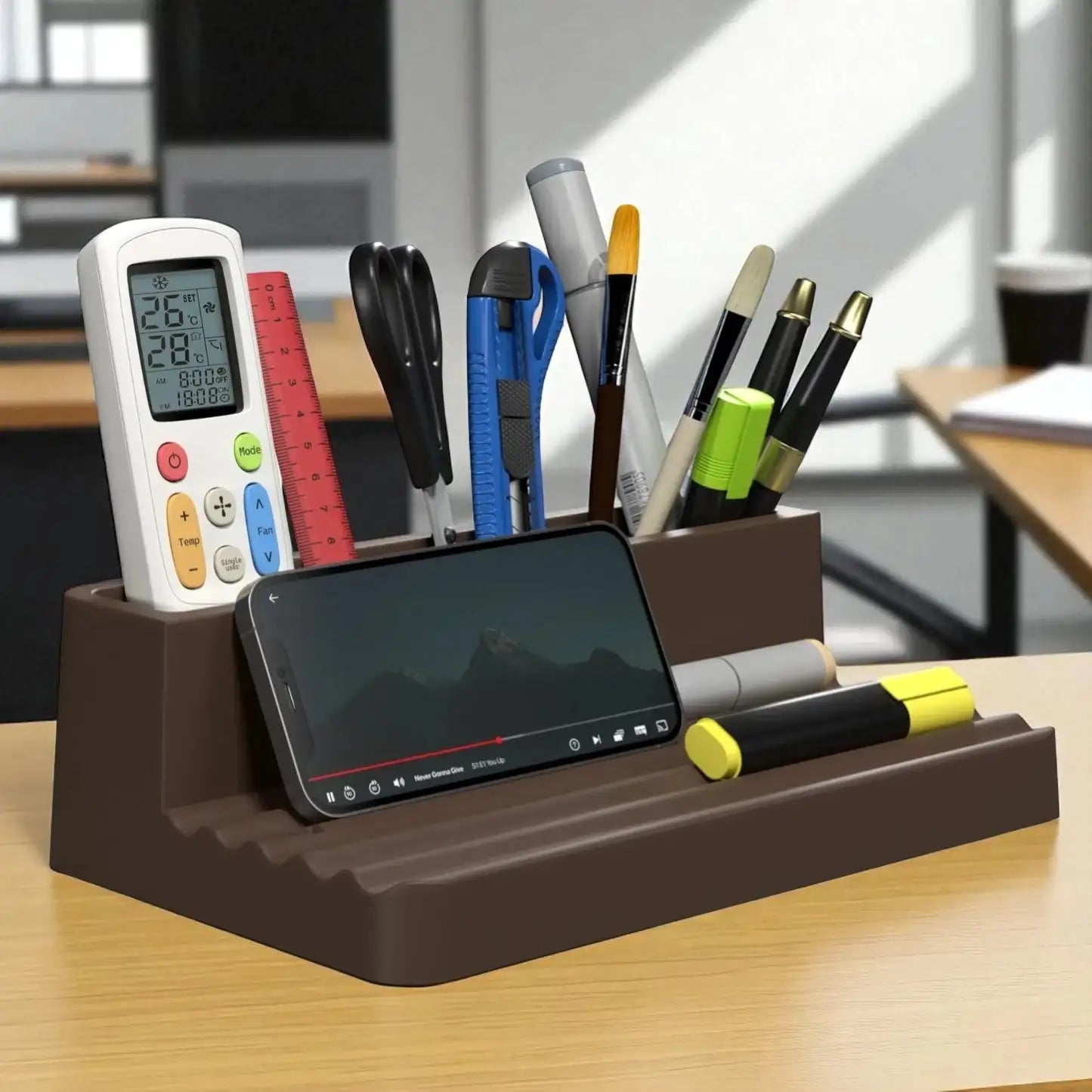 Desk organizer with phone, remote control, and stationery items on a wooden surface.