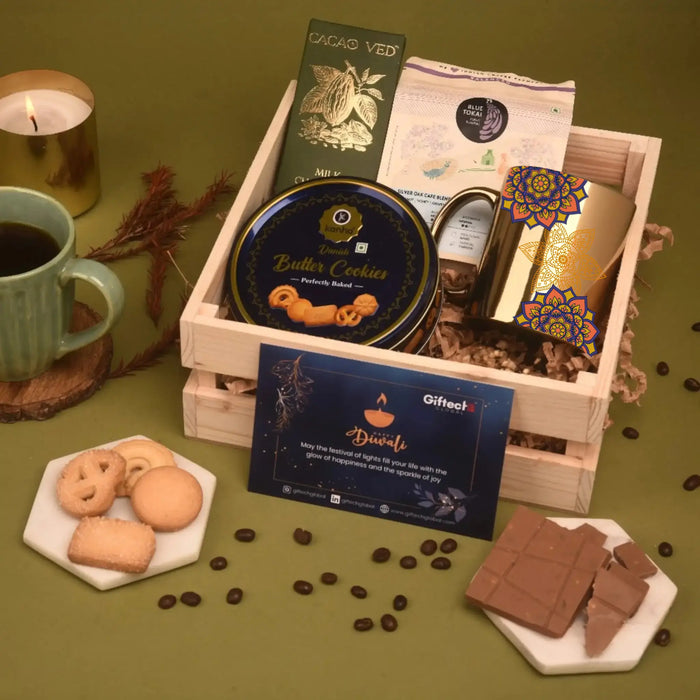 Gift basket with cookies, chocolate, and a candle on a green background