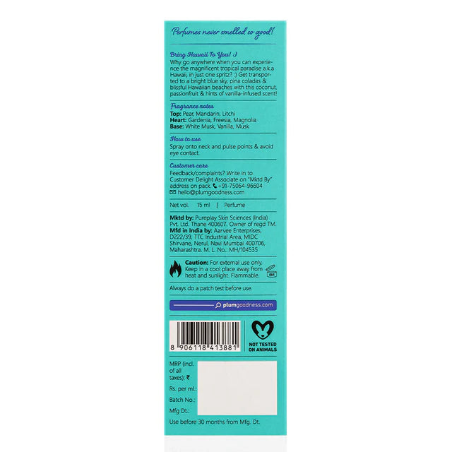 Back of Hawaiian Rumba Eau de Parfum 50ml box detailing ingredients, usage, and tropical fragrance notes like mandarin and gardenia.