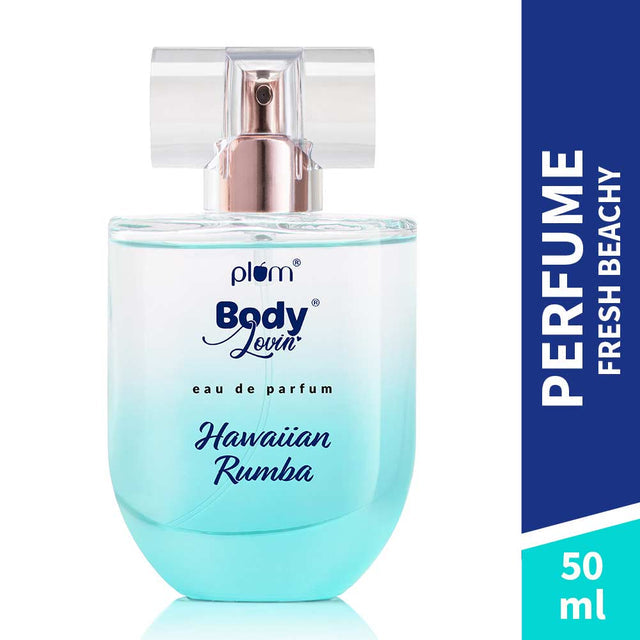 Close-up of Hawaiian Rumba Eau de Parfum 50ml bottle labeled fresh beachy, ideal for refreshing tropical fragrance lovers.