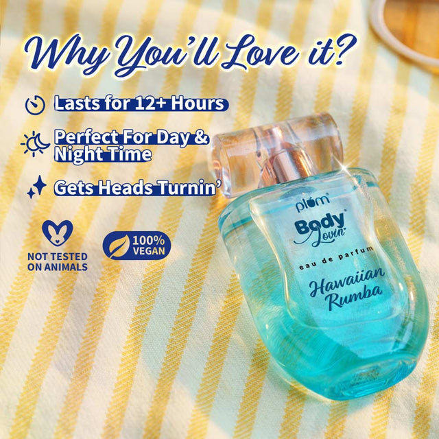 Hawaiian Rumba Eau de Parfum 50ml on striped fabric with icons highlighting 12+ hour wear, vegan, and day-to-night use.