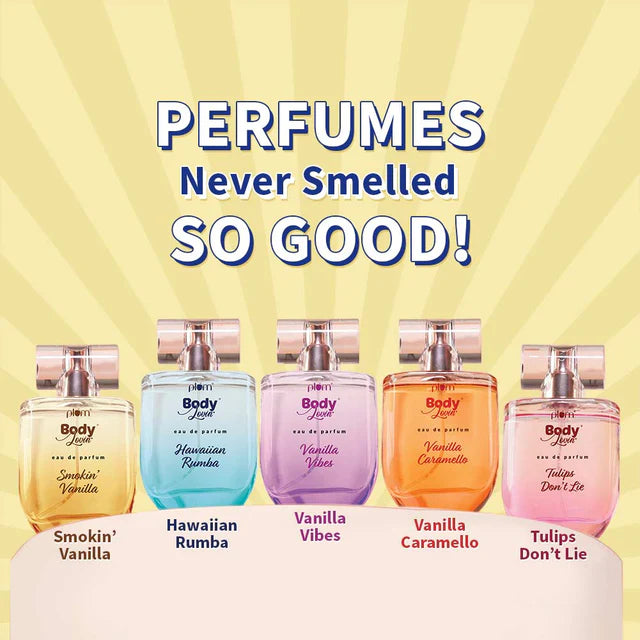 Collection of Plum BodyLovin' perfumes including Hawaiian Rumba, showcasing colorful 50ml bottles with vibrant fragrance options.