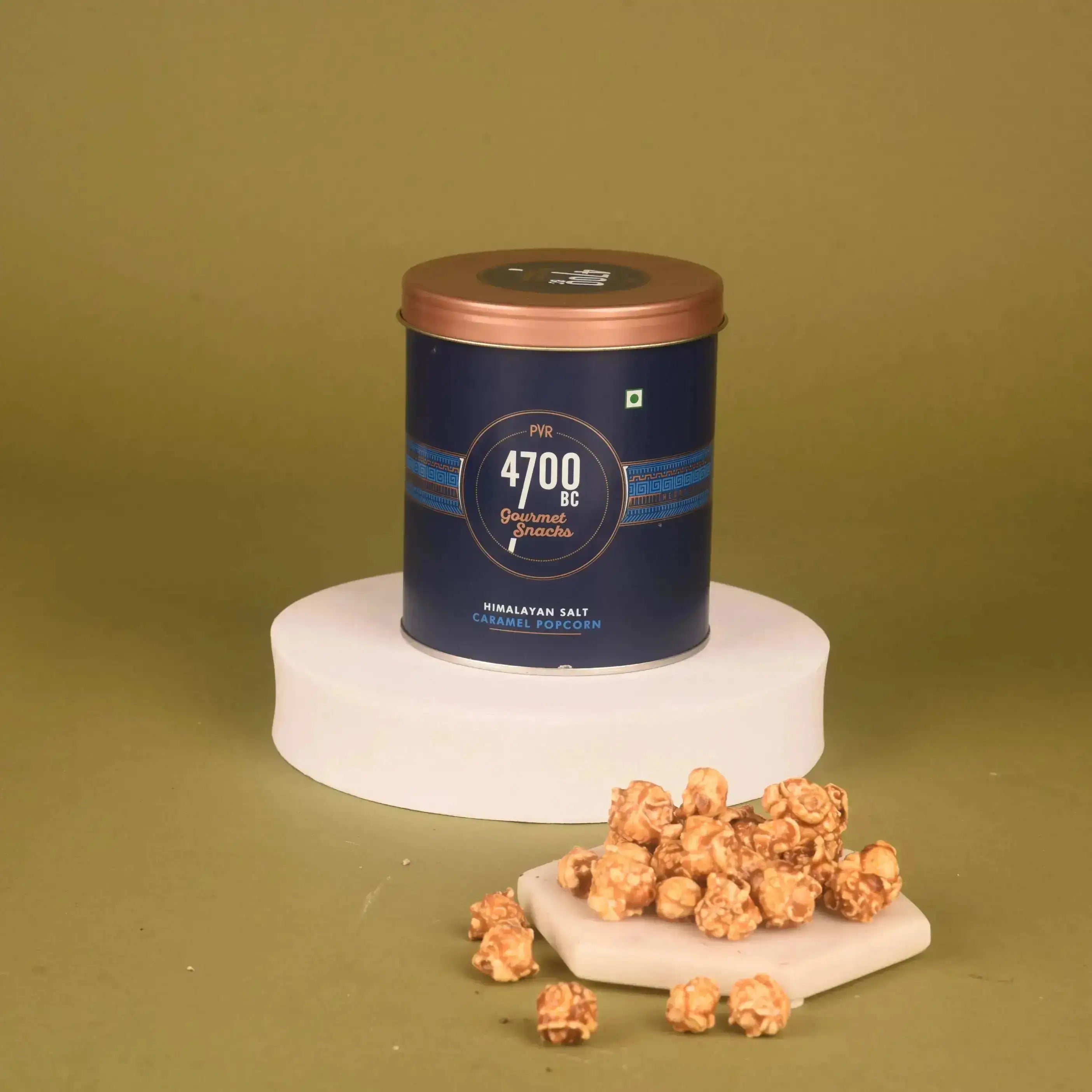 4700BC Himalayan Salt Caramel Popcorn tin from the Aromatic Escape Basket, ideal for festive gourmet gifting and Diwali celebrations.