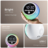 Colorful LED clock with digital display, held in a hand, on a gray background.