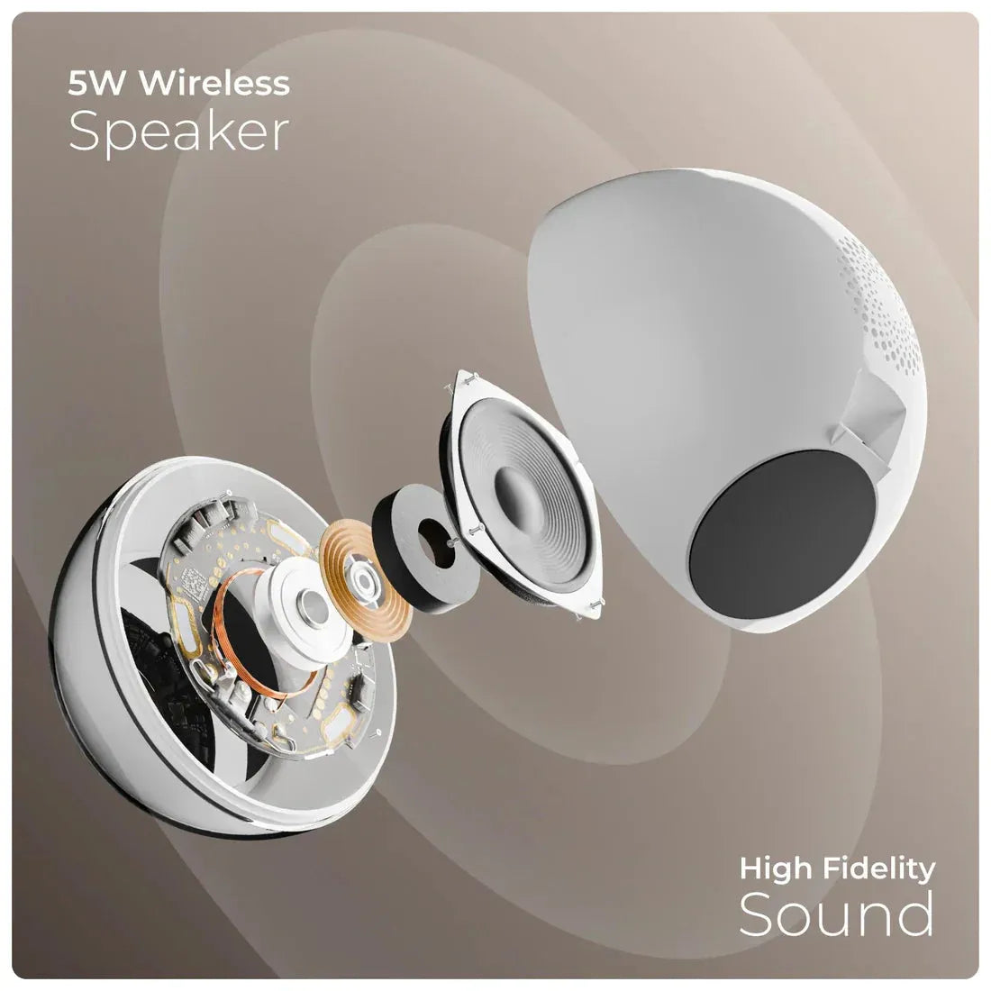 5W wireless speaker with internal components on a gray background