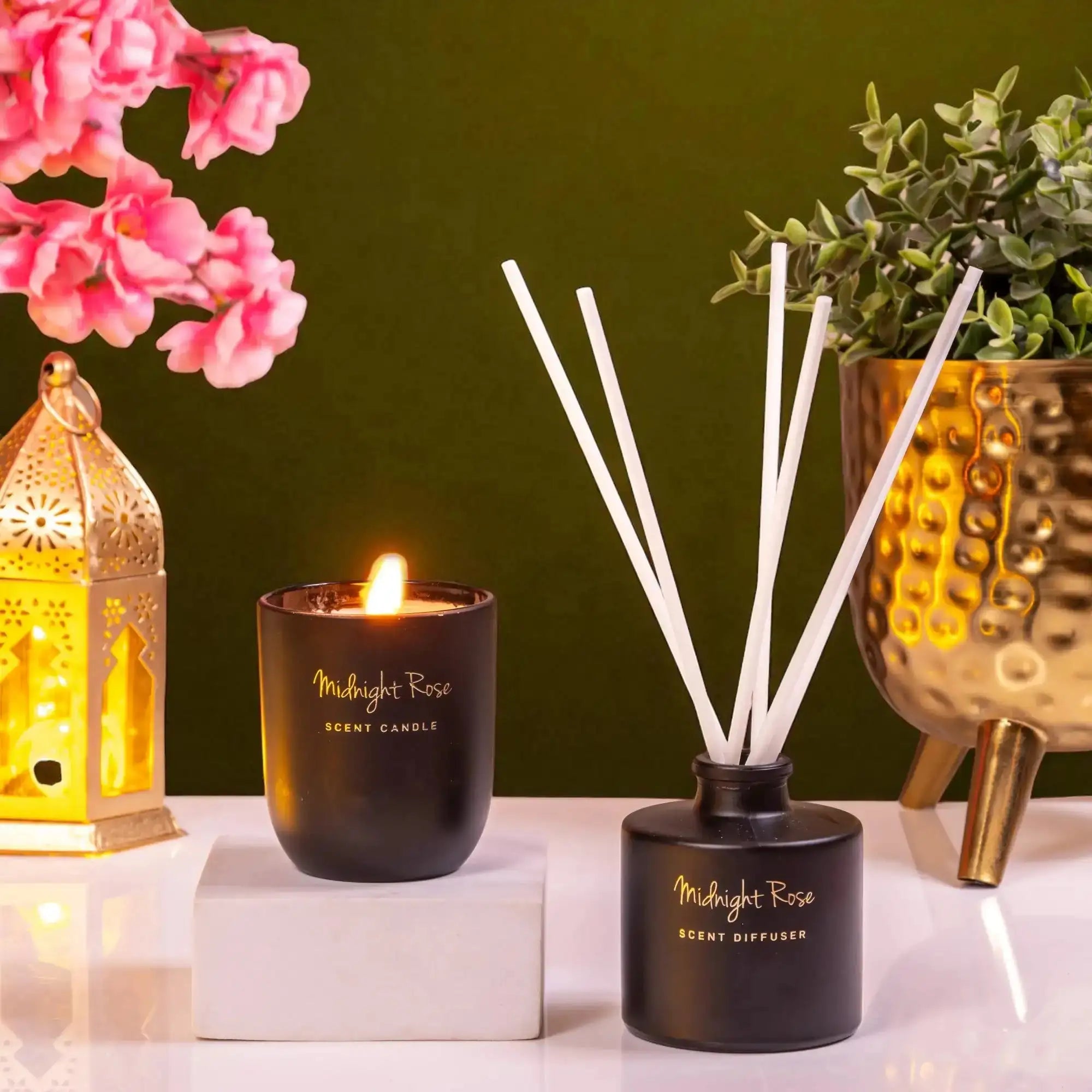 Midnight Rose scented candle and diffuser from Mystic Glow Diwali Gift Hamper placed elegantly with Diwali decor. Great for festive gifting and home ambiance.