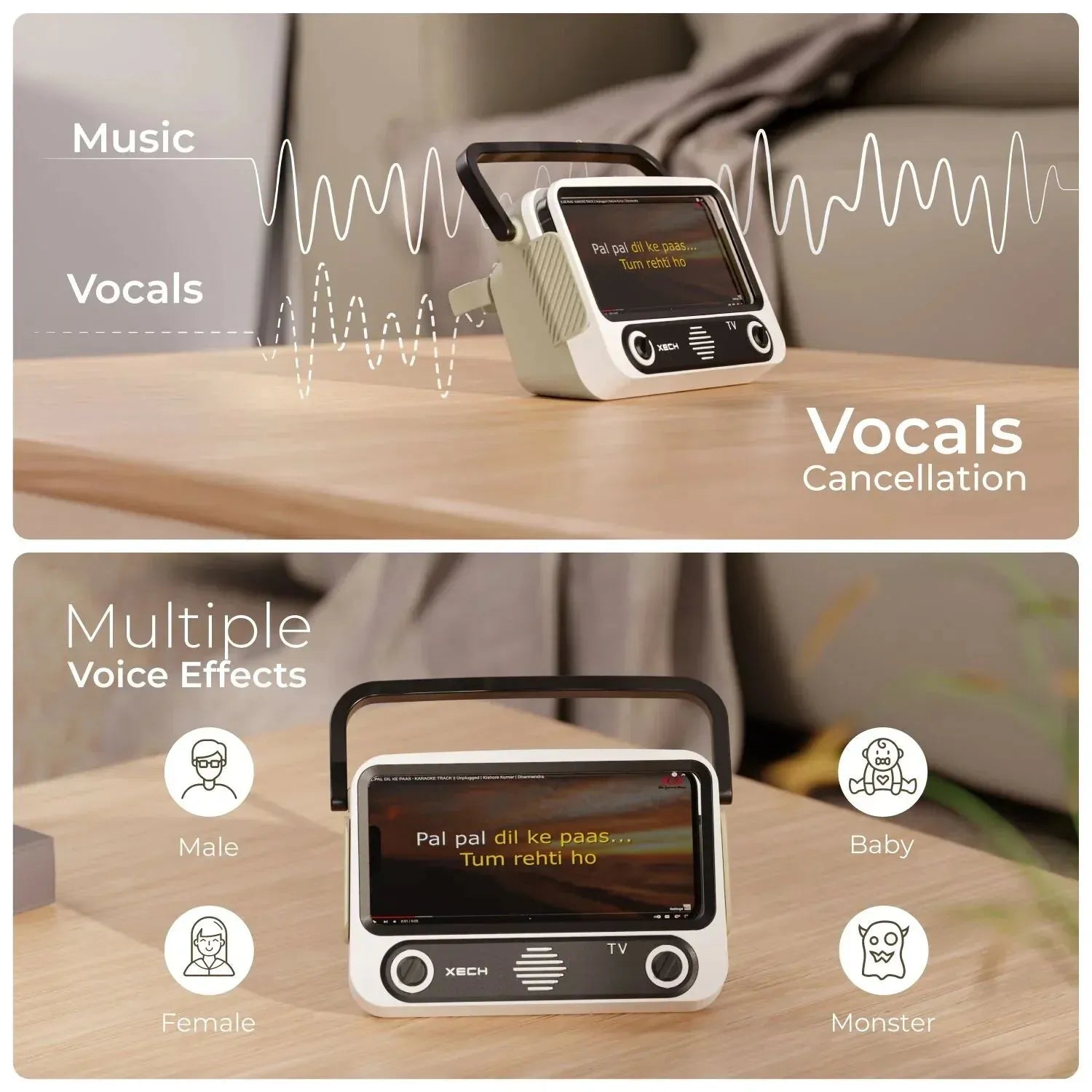 Vintage-style radio with digital display on a wooden surface, showing music, vocals, and voice effect options.