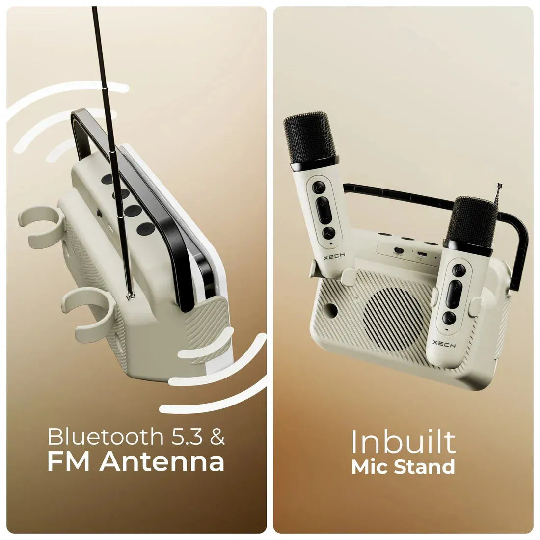 Two views of a device with Bluetooth 5.3, FM antenna, and inbuilt mic stand on a beige background.