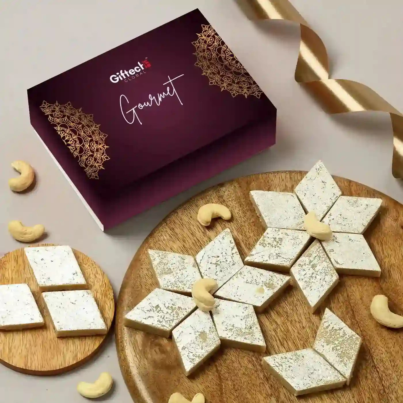 Gourmet cookies on a wooden board with a branded box in the background