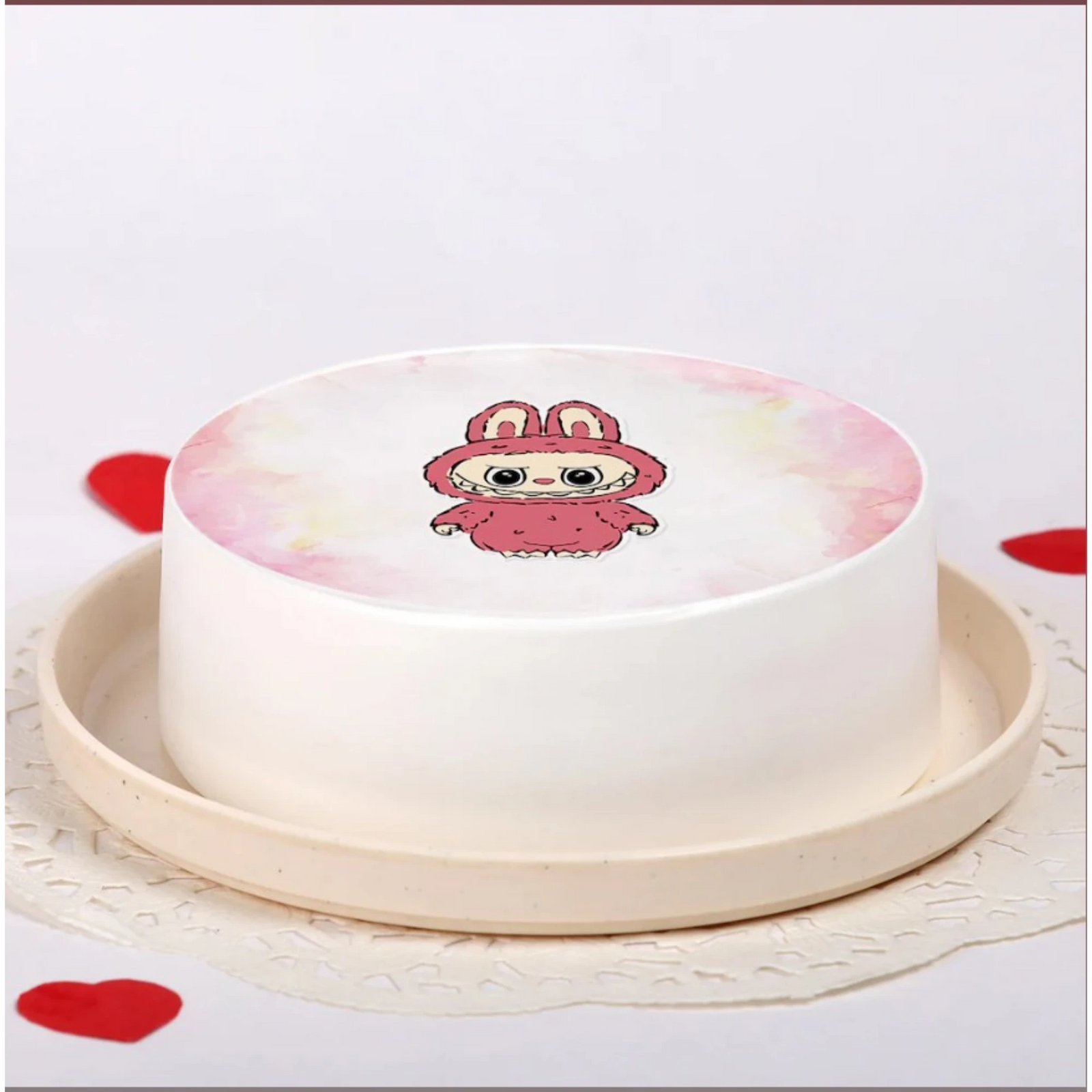 Labubu Vanilla Cake with cartoon character and red hearts on white background