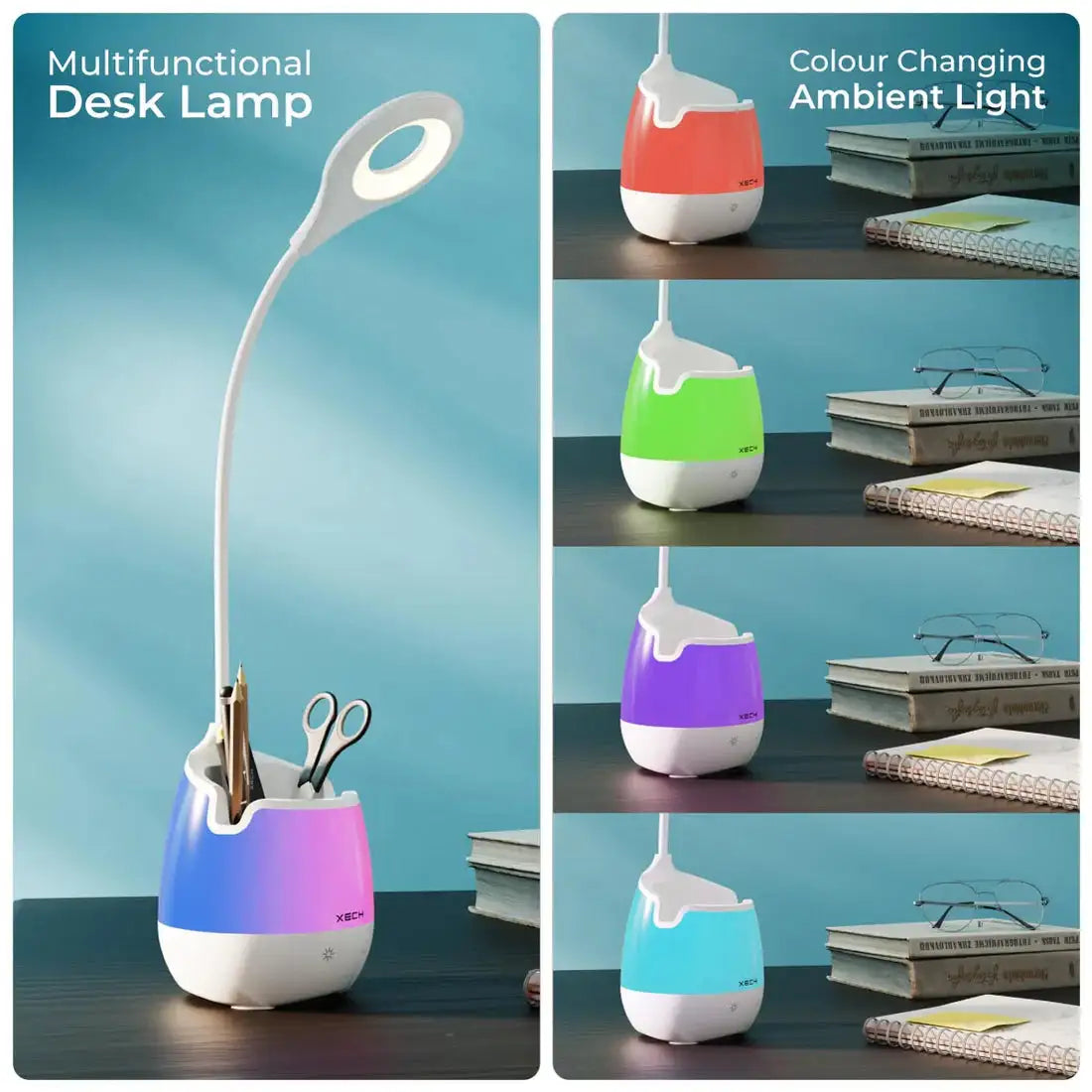 Multifunctional desk lamp with color-changing ambient light on a blue background