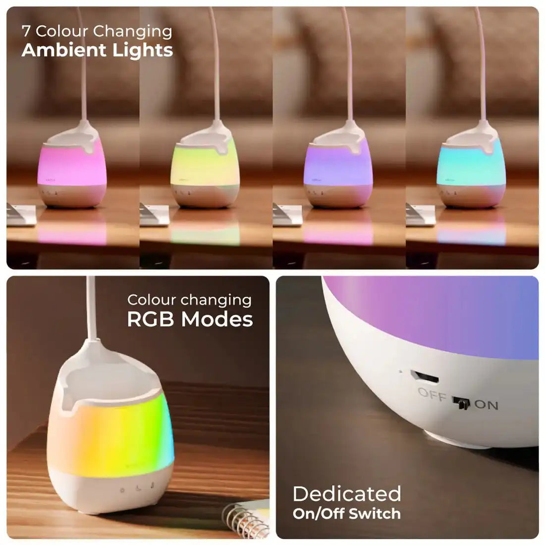 Collage of a color-changing ambient light with RGB modes and on/off switch on a wooden surface.